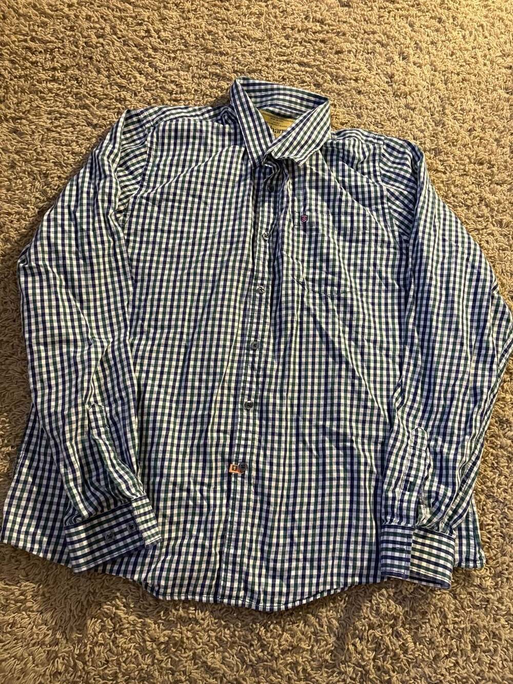 Dubarry Gingham Button Down Shirt Size XL Green Blue Long Sleeve Cotton
